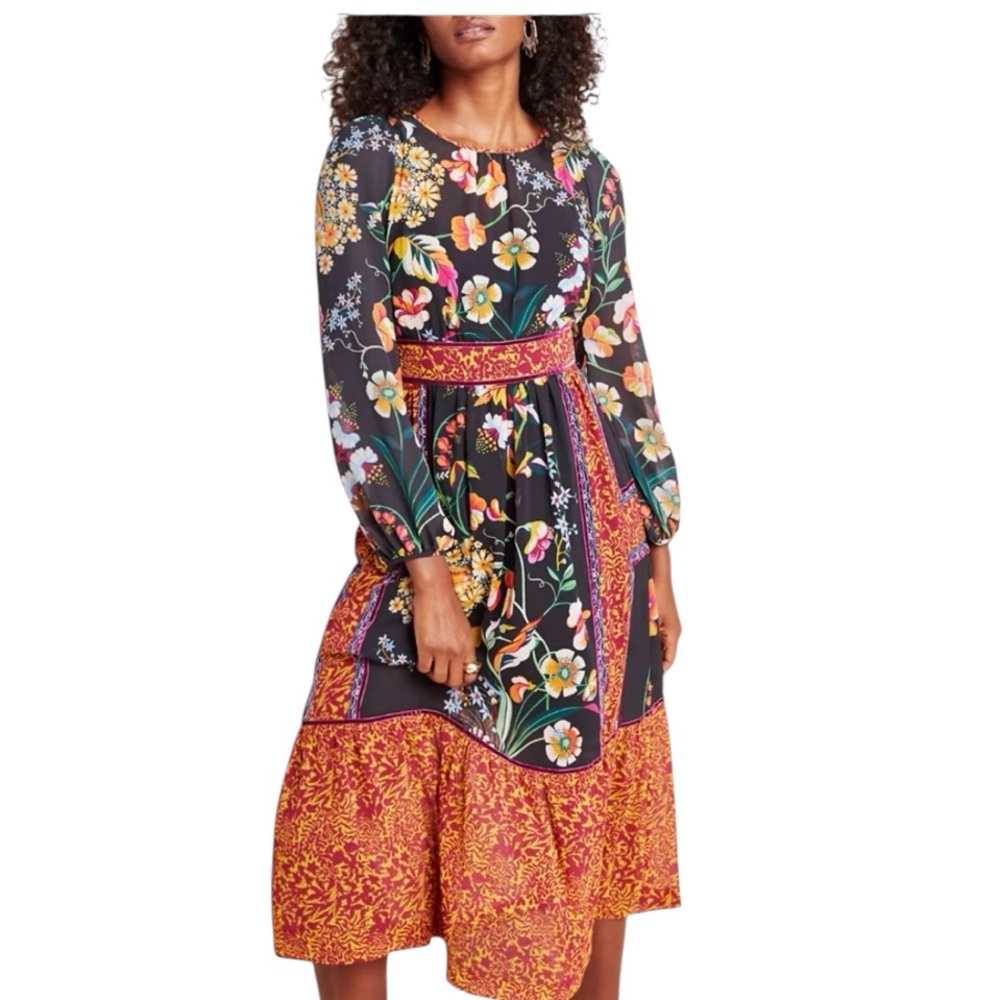 Anthropologie Adair Vibrant Floral Velvet-Trimmed Midi Dress Flounce Ruffle